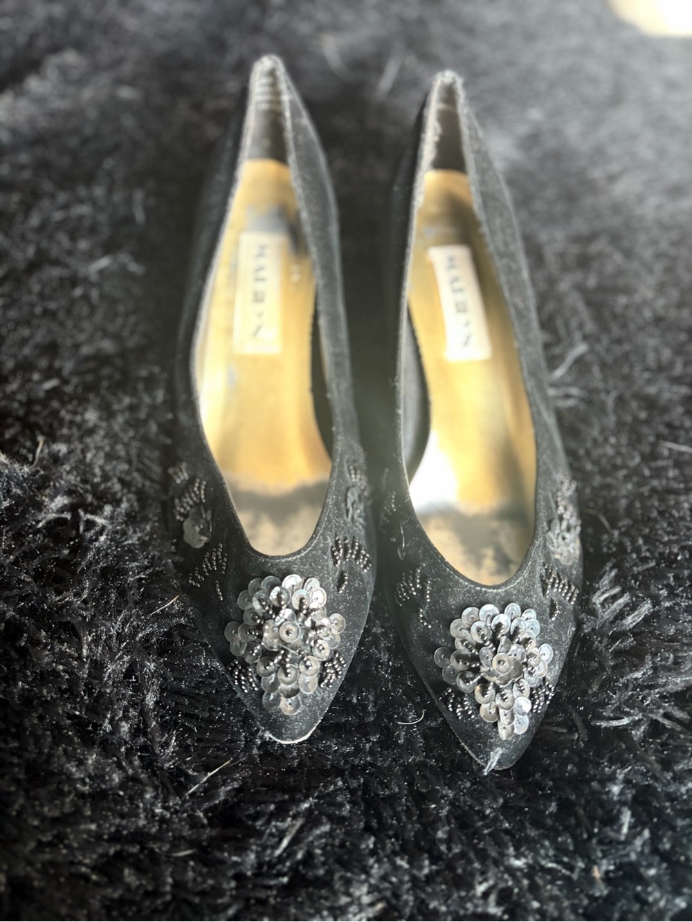 Black Pointed Toe Embellished Floral Heels